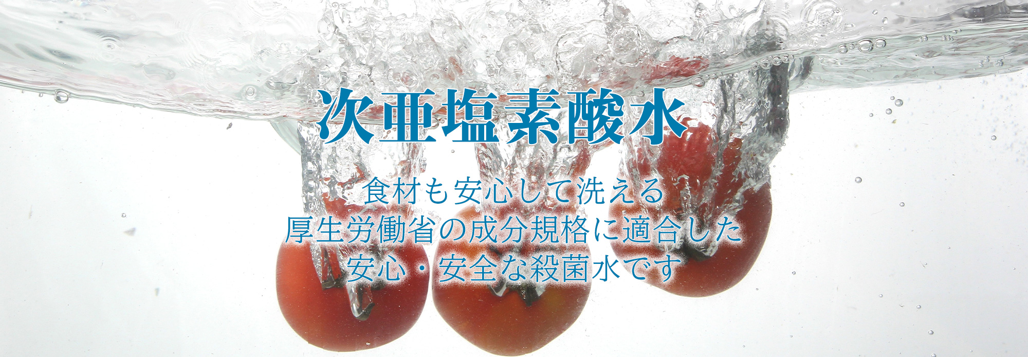 次亜塩素酸水。食材も安心して洗える、厚生労働省の成分規格に適合した安心・安全な殺菌水です